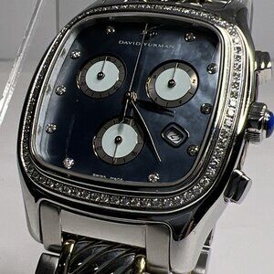 David Yurman 35mm Chronograph Date Watch Blue Mother Pearl Diamond Markers Bezel